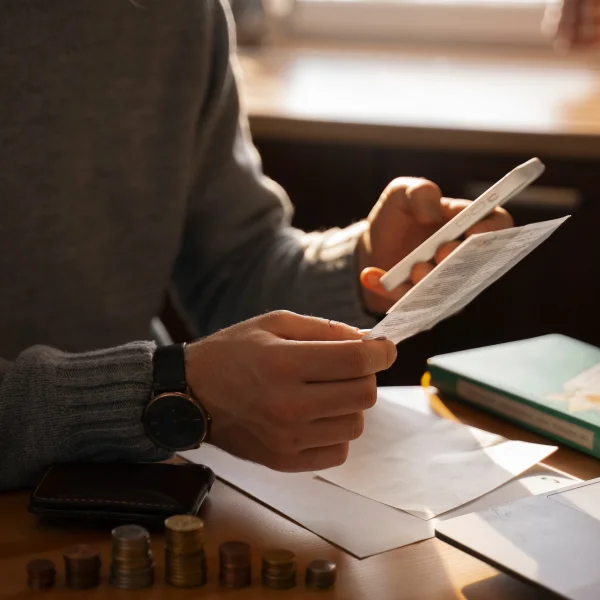 A man sitting at a desk holds a pen and paper, focused on calculating an installment loan payment.