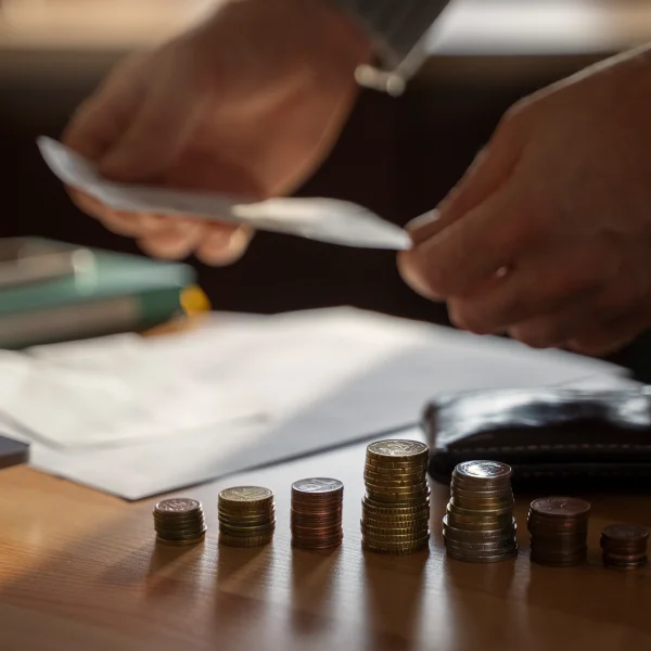 A person holds a piece of paper and coins, symbolizing financial struggles related to bankruptcy.